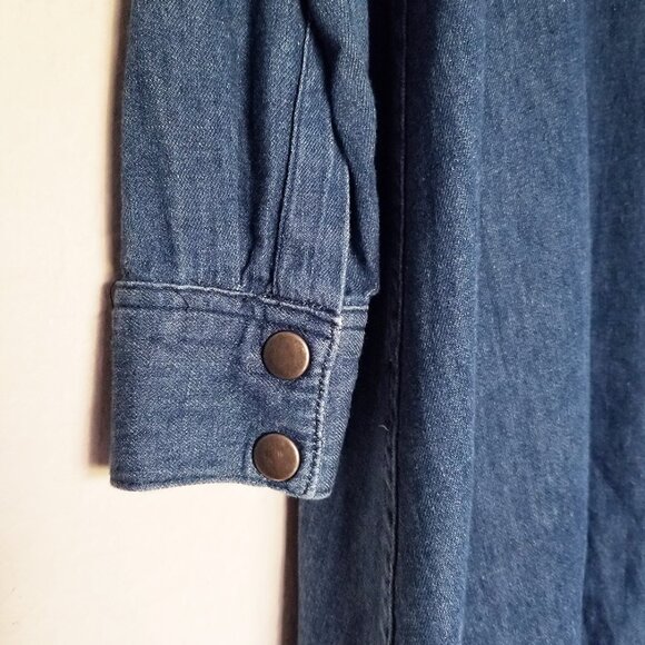 Ruti Chambray Denim Shirt Dress Hemp Organic Cotton Snap Button Frayed Hem Blue - Picture 11 of 16